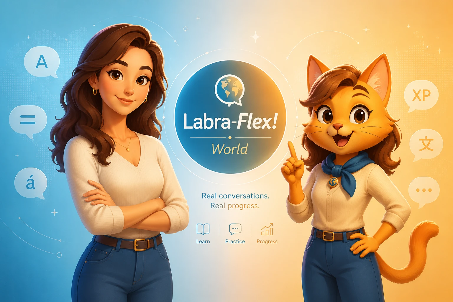 Lamis, die Lehrerin hinter Labra-Flex, und Mila, die verspielte Assistentin aus Spiel Deutsch